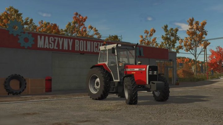 fs25-mods,  Massey Ferguson 390T HiLine+ tractor mod for FS25 outside a farm shop, set in an autumn landscape.