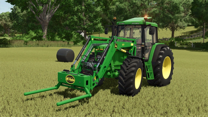 fs25-mods,  FS25 mod McHale 691 v1.0.0.1 showing a green tractor in a field, featuring front bale handler attachment.