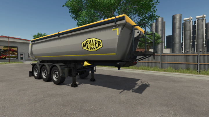 fs25-mods,  Meiller Half Tube Tipper mod for FS25, showcasing a detailed gray and yellow trailer in a farming environment.