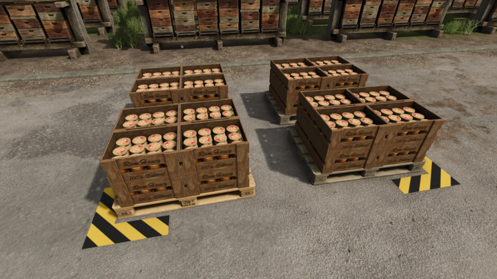 fs25-mods,  FS25 mods, honey pallets on wooden crates for More Honey Pallet Spawner Options in Farming Simulator 25.