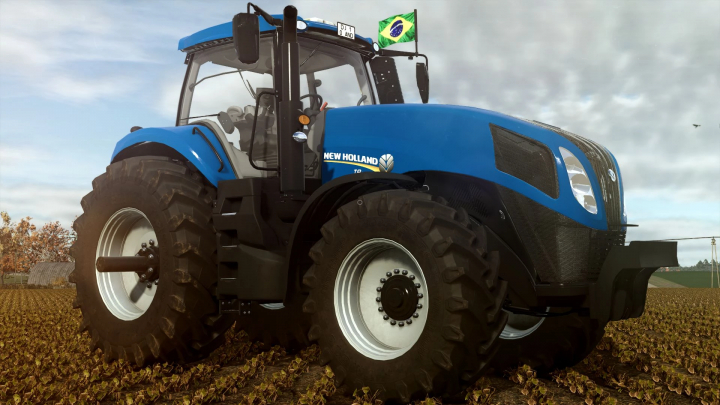 fs25-mods, New Holland T8 tractor mod with Brazilian flag in FS25, Farming Simulator 25.
