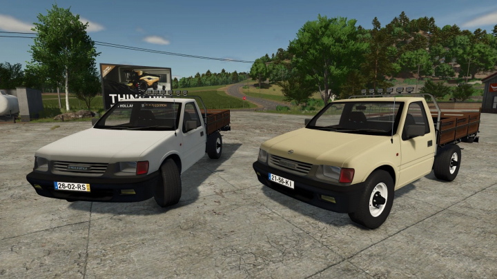 fs25-mods,  FS25 mod featuring two Opel Campo/Isuzu Faster 1997 trucks parked in a rural setting.