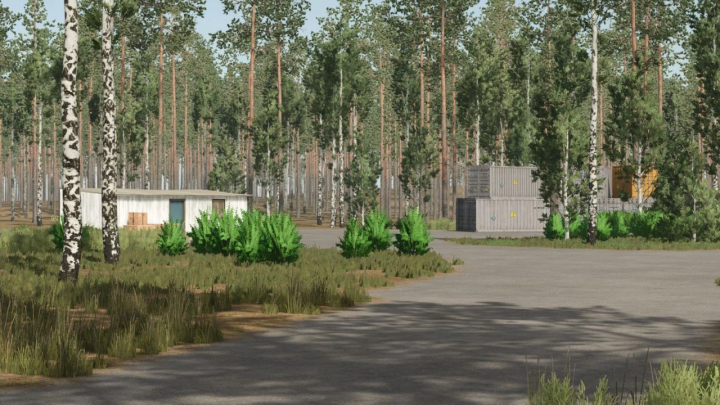 fs25-mods,  Pinewood Forest v1.2.1.0 mod for FS25 featuring a dense forest landscape and containers.