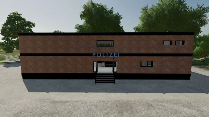 fs25-mods,  FS25 mod Police Station v1.0.0.0 building with 'Polizei' sign, surrounded by trees.