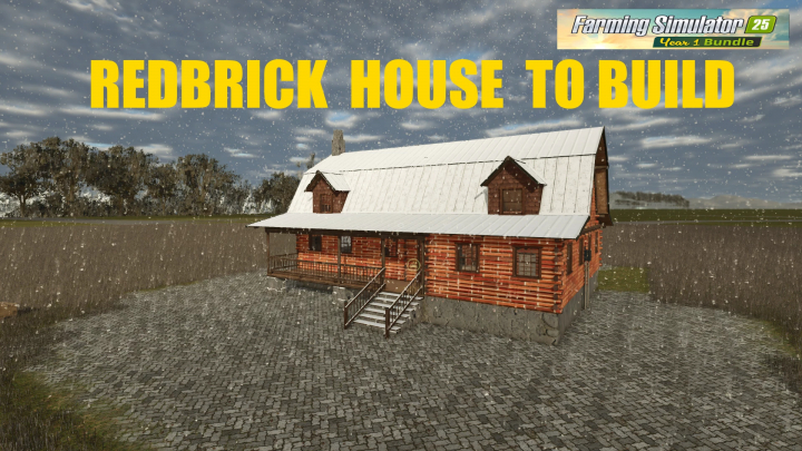 fs25-mods, FS25 mod showcasing a redbrick house to build, featuring a snowy landscape in Farming Simulator 25.