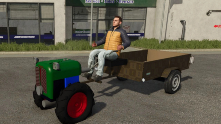 fs25-mods,  Rapid Special v1.0.0.0 mod for FS25, featuring a green tractor with a brown trailer and character seated outside a service center.