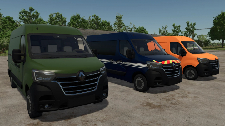 fs25-mods,  Renault Master mod for FS25, showing three colored vans in green, blue, and orange.