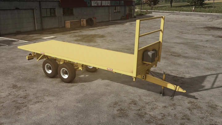 fs25-mods,  FS25 mod Rigual PLT600 Platform v1.0.0.0, yellow flat trailer on a farmyard in Farming Simulator 25.