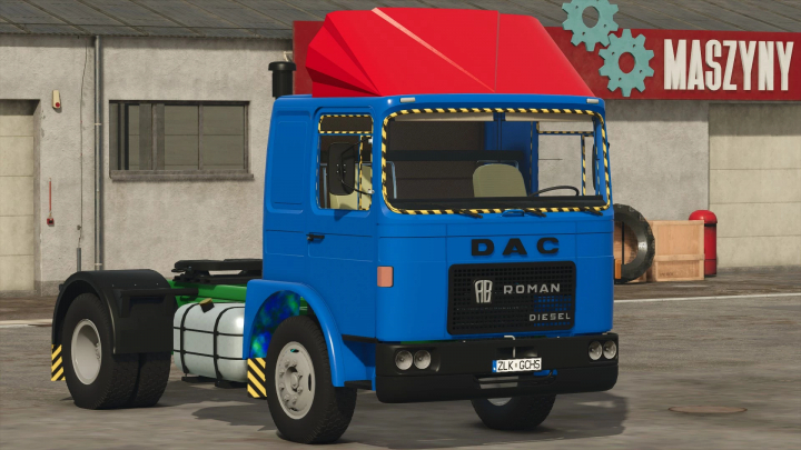 fs25-mods, Roman Dac truck mod for Farming Simulator 25, featuring a blue cabin with a red roof.