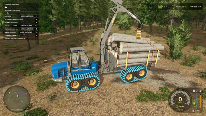 fs25-mods,  FS25 mod Rottne F20 v1.0.0.0 transporting logs in a forest setting in Farming Simulator 25.