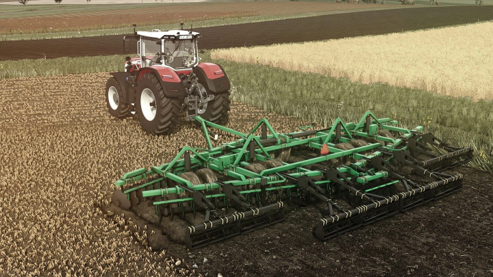 fs25-mods, FS25 mod Summers DT2510 Diamond Disk working on a field in Farming Simulator 25.