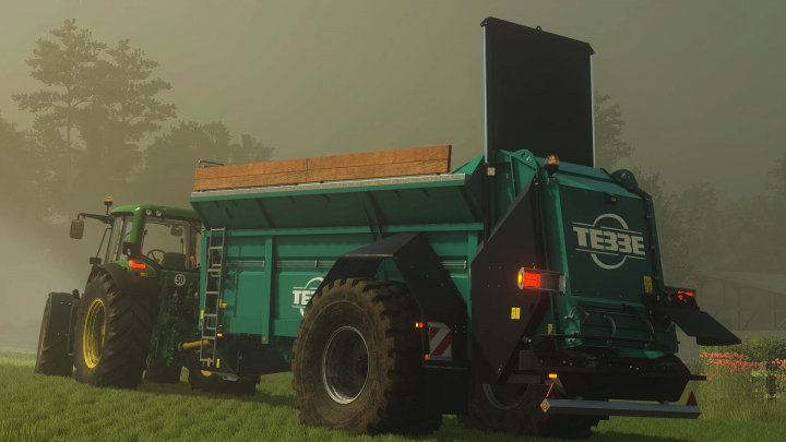 fs25-mods,  Farming Simulator 25 mod Tebbe MS140 v1.0.0.0, featuring a green trailer attached to a tractor on a foggy field.