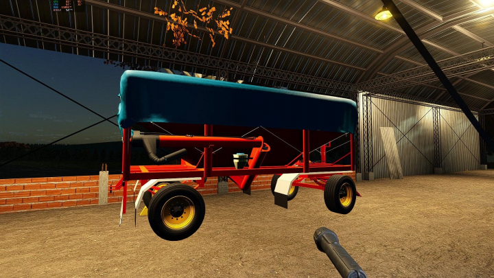 fs25-mods,  Tolva Vieja v1.0.0.0 mod in Farming Simulator 25, showcasing a vintage trailer in a metal shed.