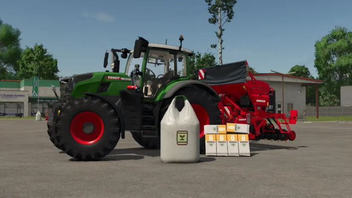 fs25-mods,  FS25 mod Unload BigBags Only v1.0.0.0 showing large bags near a green tractor and red farming equipment.