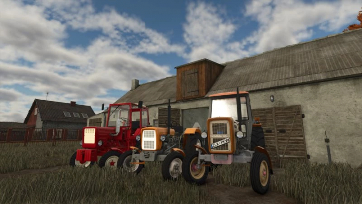 fs25-mods,  Two Ursus C360 tractors in Farming Simulator 25 mod, version 1.0.0.0, parked in front of a barn.