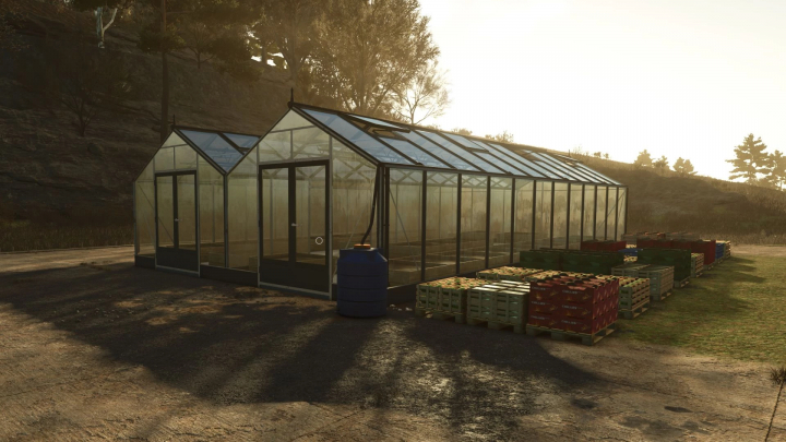 fs25-mods,  Vegetable greenhouse mod in FS25 with crates of produce outside.