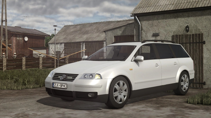 fs25-mods,  Volkswagen Passat mod in Farming Simulator 25, showcasing a white car in a rural farm setting. FS25 mods enhance gameplay experience.