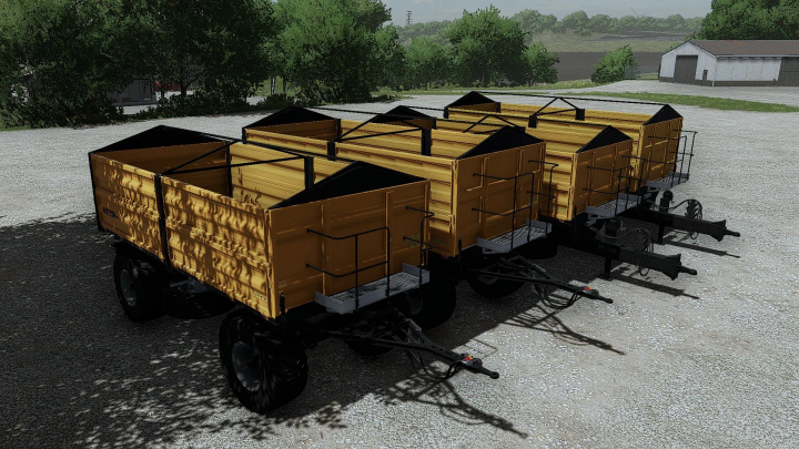 fs22-mods,  FS22 mods Wielton Pack v1.1.0.0 showing multiple yellow trailers lined up on a farm.