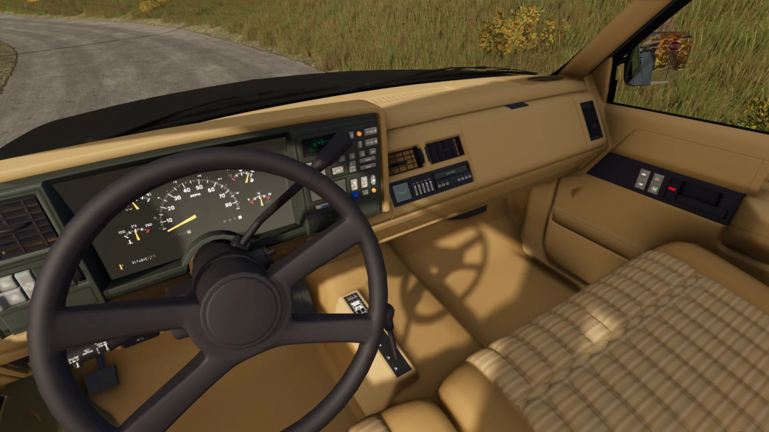 Interior view of 1990 Chevy K2500 mod in Farming Simulator 25, showing detailed dashboard and steering wheel.