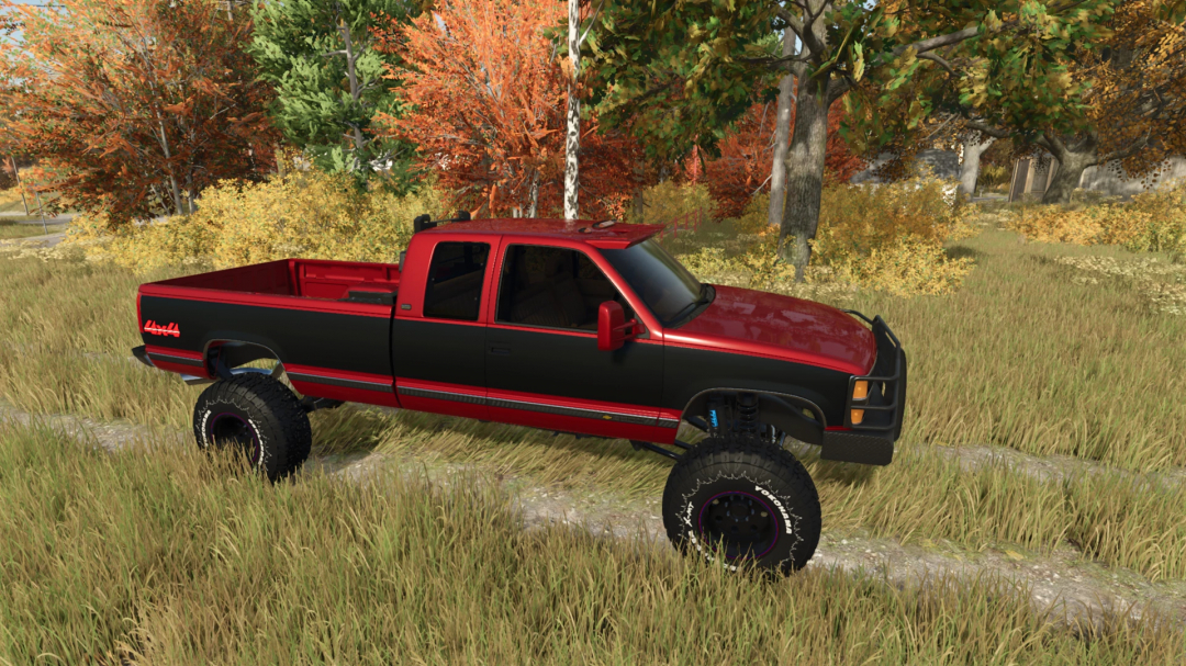 1990 Chevy K2500 mod in FS25, displayed on grass with autumn trees.