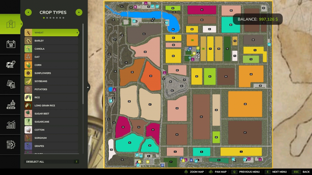 FS25 Across The Ditch mod map interface showing various crop types and field layout.