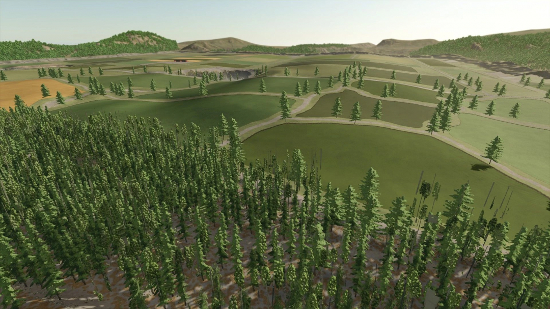 Aerial view of FS25 mod, Across The Ditch v1.0.0.0, showcasing vast forests, fields, and pathways in a hilly landscape.