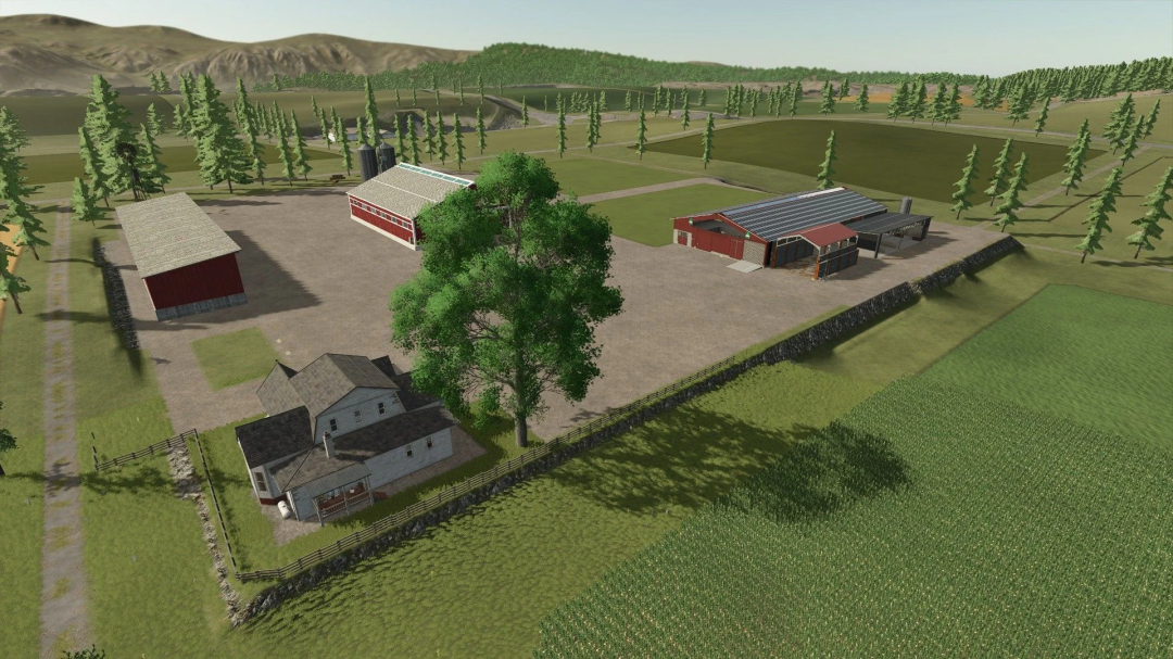 Aerial view of a farm layout in FS25 mod Across The Ditch v1.0.0.0, featuring barns, fields, and a farmhouse.