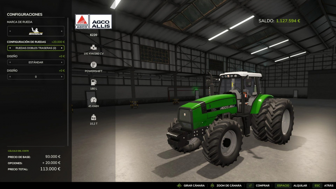 FS25 mod showcasing Agco Allis 6220 tractor with configuration options in a warehouse.