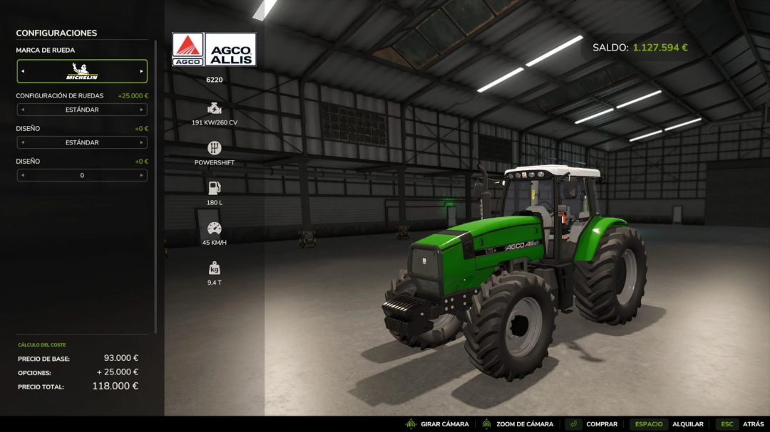 FS25 mod image of Agco Allis 6220 tractor in a garage, showing configuration options and prices.