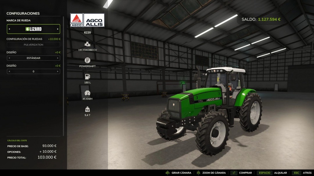 FS25 mod Agco Allis 6220 tractor in a virtual garage, showing configuration options.