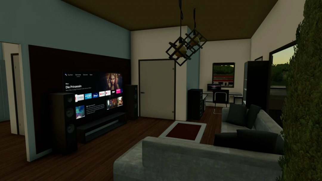 FS25 mod Apartment building v1.0.0.0: Modern living room with TV, couch, and desk.