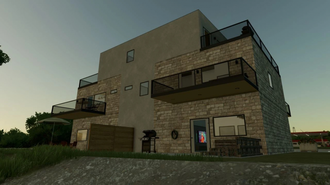 Modern apartment building mod in Farming Simulator 25, showcasing stone facade and balconies.