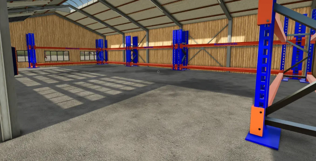 FS25 mod AustriaModding Modern Shed v1.0.5.0 showcasing an interior view with blue and orange racks.