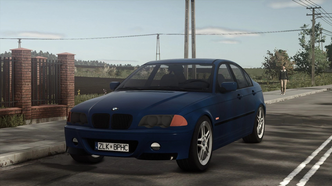 BMW E46 mod in Farming Simulator 25, featuring a blue car parked by a rural road.