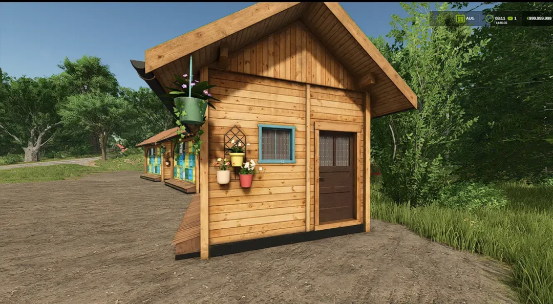 Bee House with Palett Spawner mod for FS25 showing a wooden structure in a lush green landscape.