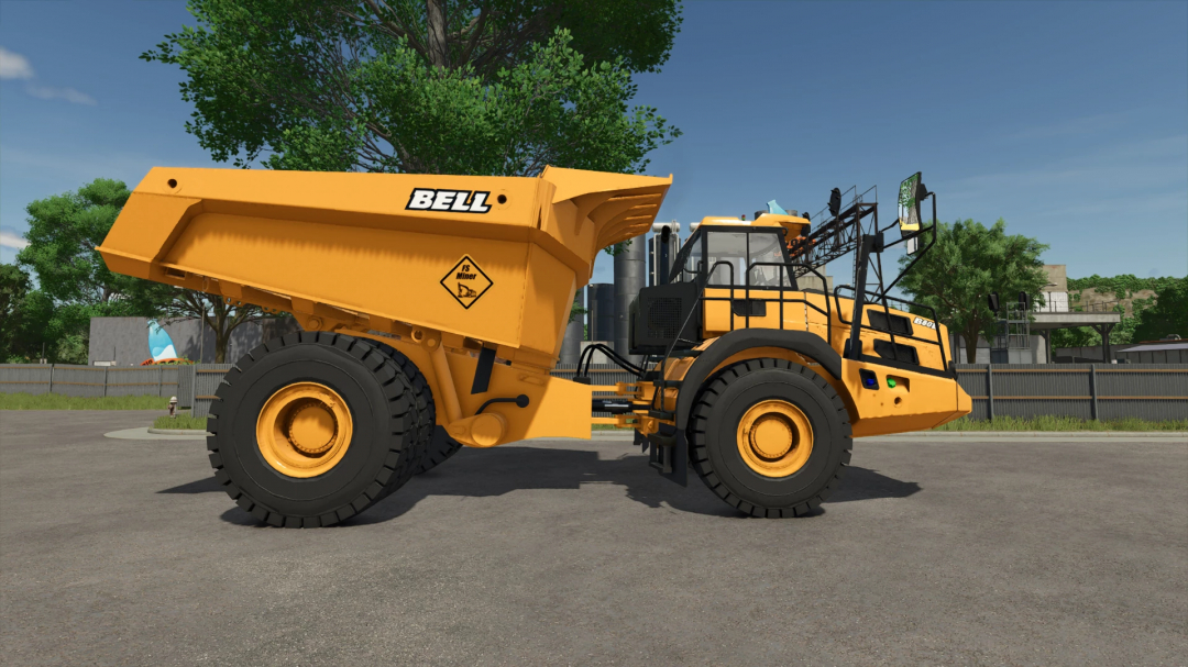 Bell B60E mod for Farming Simulator 25, featuring a large yellow dump truck on a sunny day. FS25 mods enhance gameplay realism.