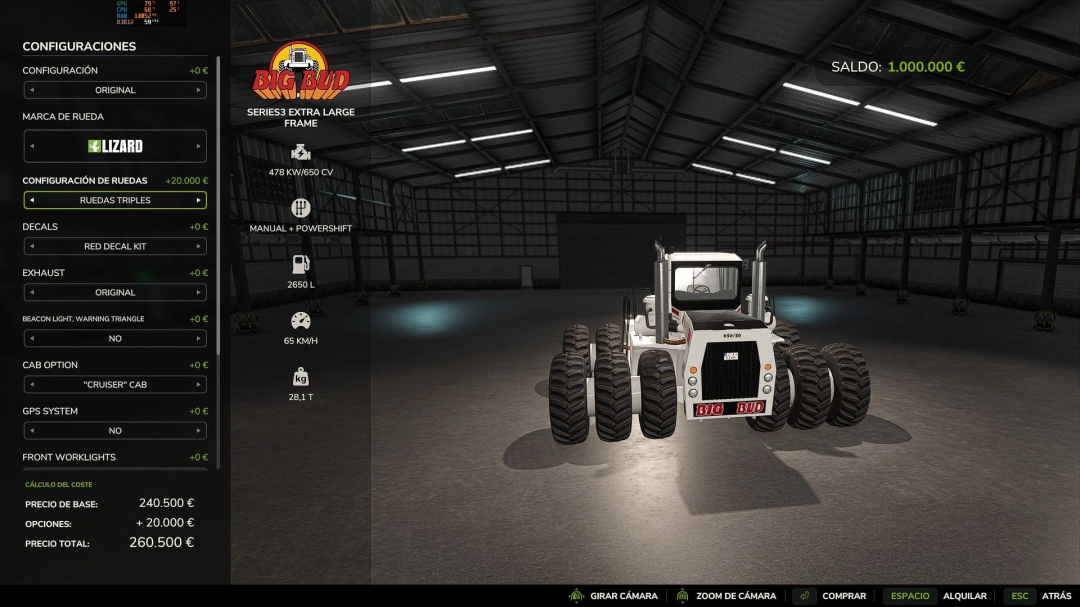 BigBud S3 Small and Extra Large Frame mod configuration in FS25 showing tractor details and options.