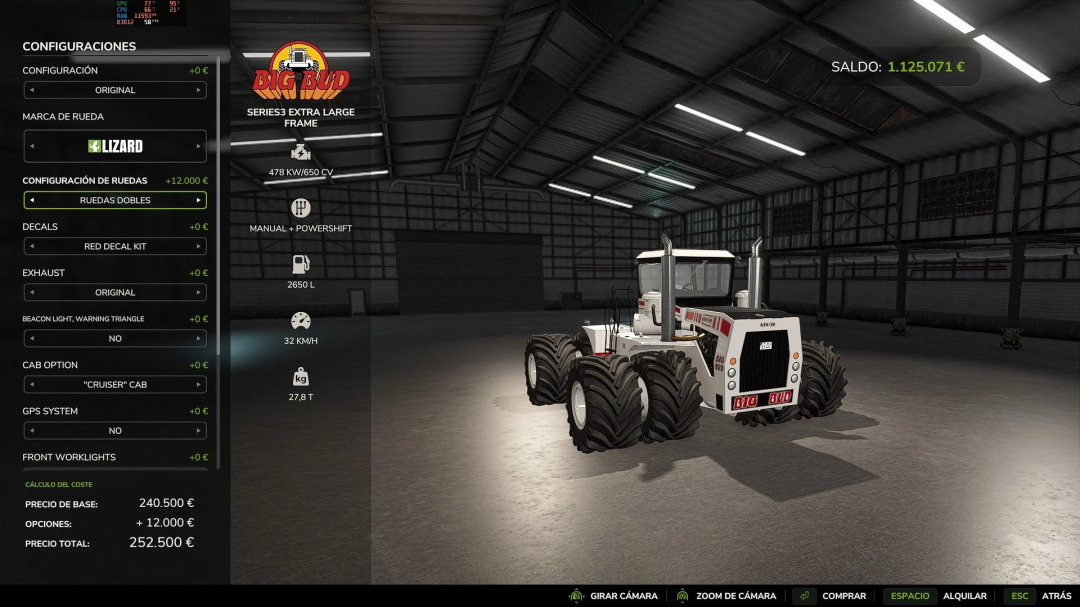 BigBud S3 Small and Extra Large Frame mod in FS25, showcasing tractor customization options.