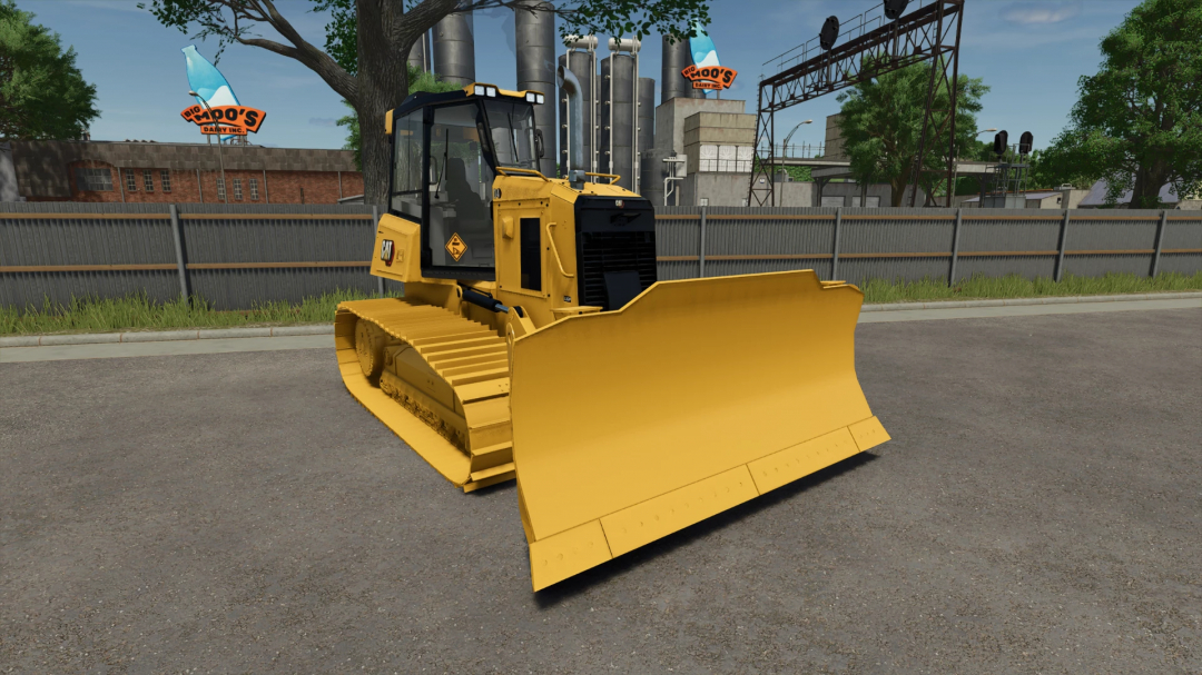 CAT D4 Next Gen Dozer mod for Farming Simulator 25, showcasing a detailed yellow bulldozer in an industrial setting. FS25 mods.