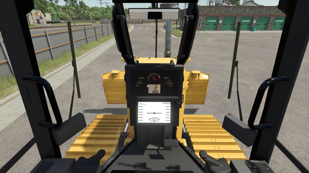 Interior view of CAT D4 Next Gen Dozer in FS25 mod, showcasing controls and dashboard.