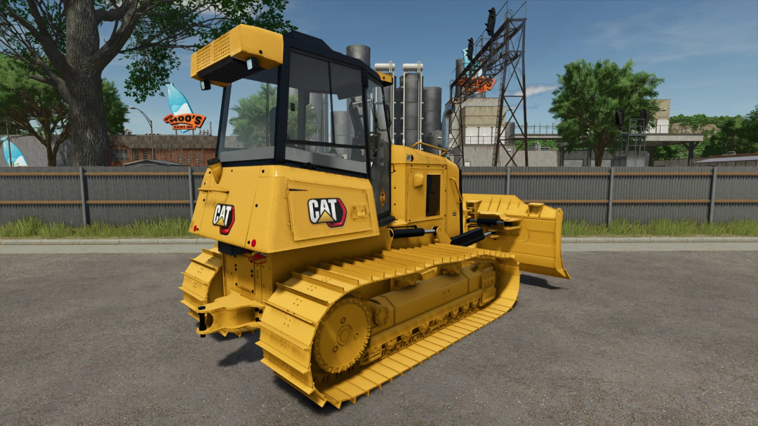 CAT D4 Next Gen Dozer mod for Farming Simulator 25, showcasing a yellow dozer in an industrial setting. FS25 mods enhance gameplay.