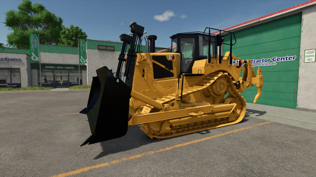 FS25 mod CAT D7 Next Gen Dozer v1.0.0.0 parked in front of a tractor center.