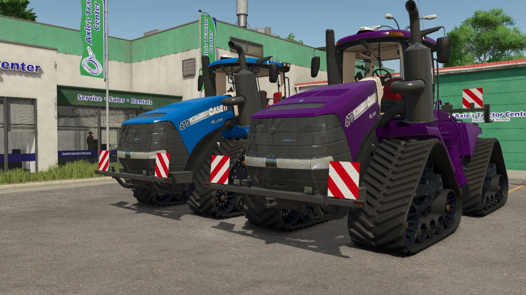 FS25 mods: Case IH Quadtrac 2013 v1.0.0.0 tractors in blue and purple at Axle's Tractor Center.