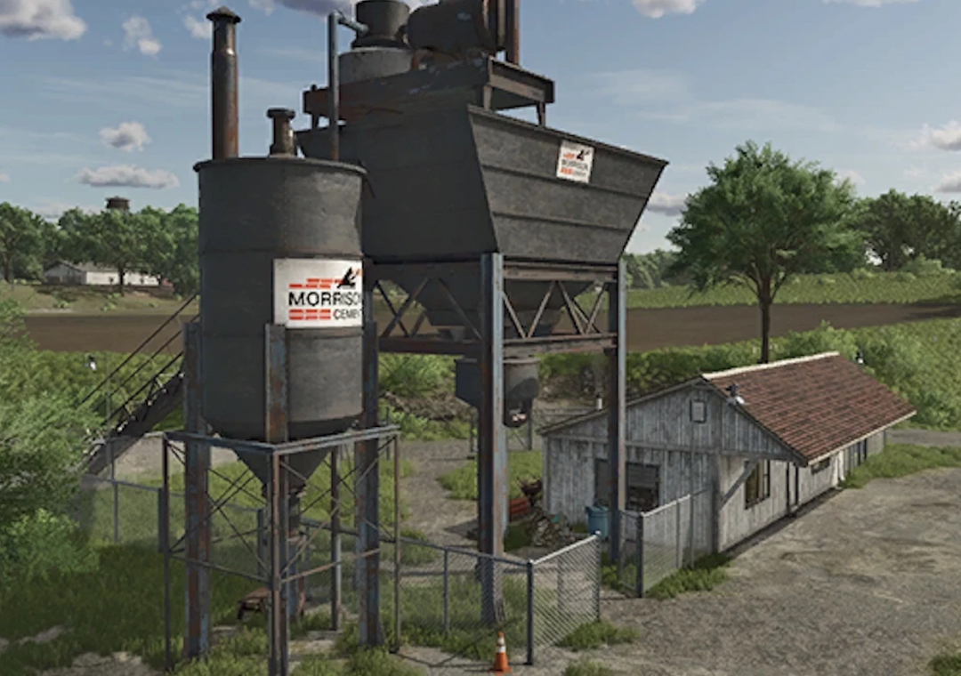 Cement Factory Fixed v3.0.0.0 mod for FS25 featuring an industrial building with silos and a small facility.