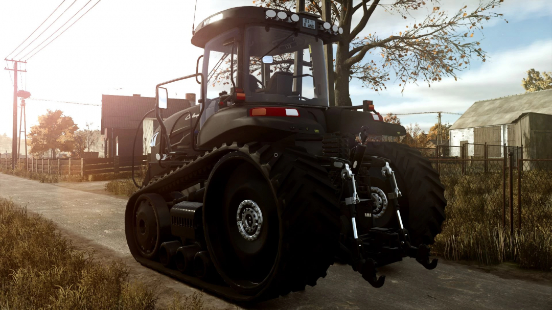 FS25 mod: Challenger MT700 tractor on a rural road, showcasing realistic farming simulator graphics.