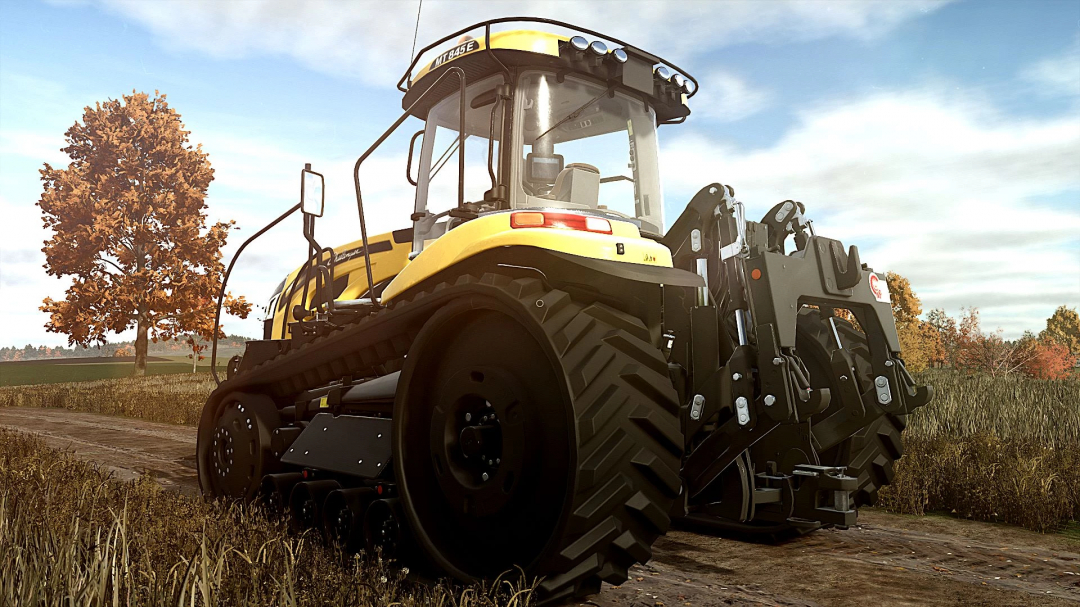 Challenger MT800E tractor in FS25 mod, set against an autumn landscape.