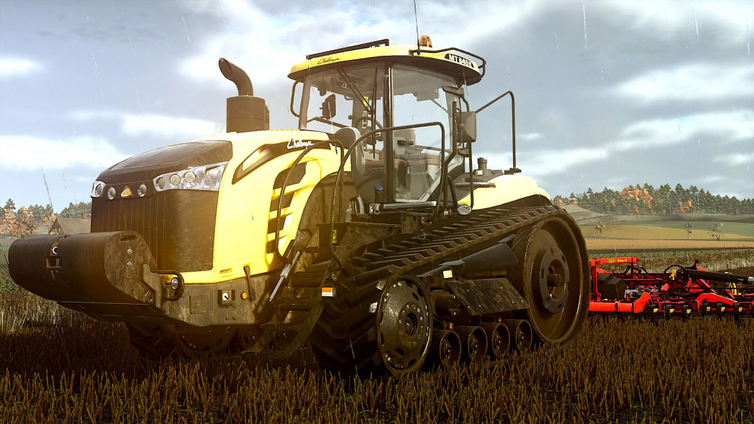 Challenger MT800E tractor mod in FS25, showcasing its tracks in a field.