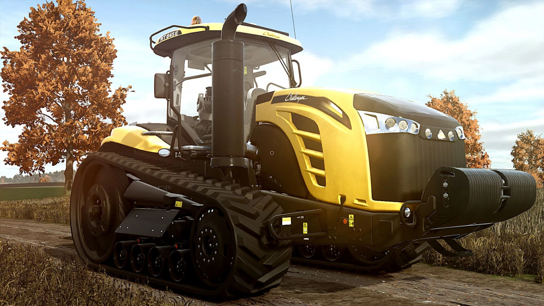 FS25 mod Challenger MT800E tractor on a dirt path with autumn trees in the background.