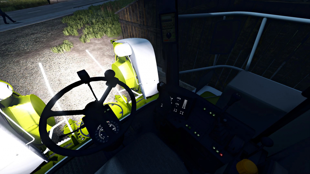 Claas Jaguar 800 interior view from FS25 mod, highlighting the steering wheel and control panel in Farming Simulator 25.