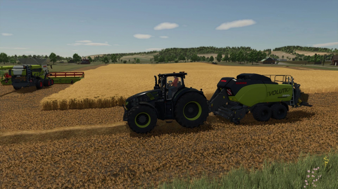 FS25 mod Claas Quadrant Evolution in a field, showcasing a tractor and harvester in Farming Simulator 25.